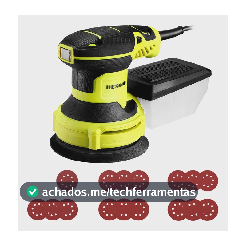 Lixadeira Orbital 350W Profissional Circular 125mm Velocidade Variável Com 16 Lixas E Auto Sucção Coletor De Pó Desoon