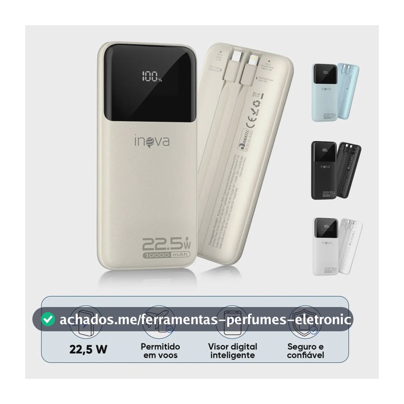 Carregador Portátil Inova Power Bank 10000mAh para iPhone e Samsung Com Carregamento Rápido de 22.5W