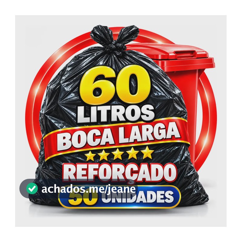 Saco De Lixo 60 Litros Reforçado Resistente Preto Com 50 Unidades