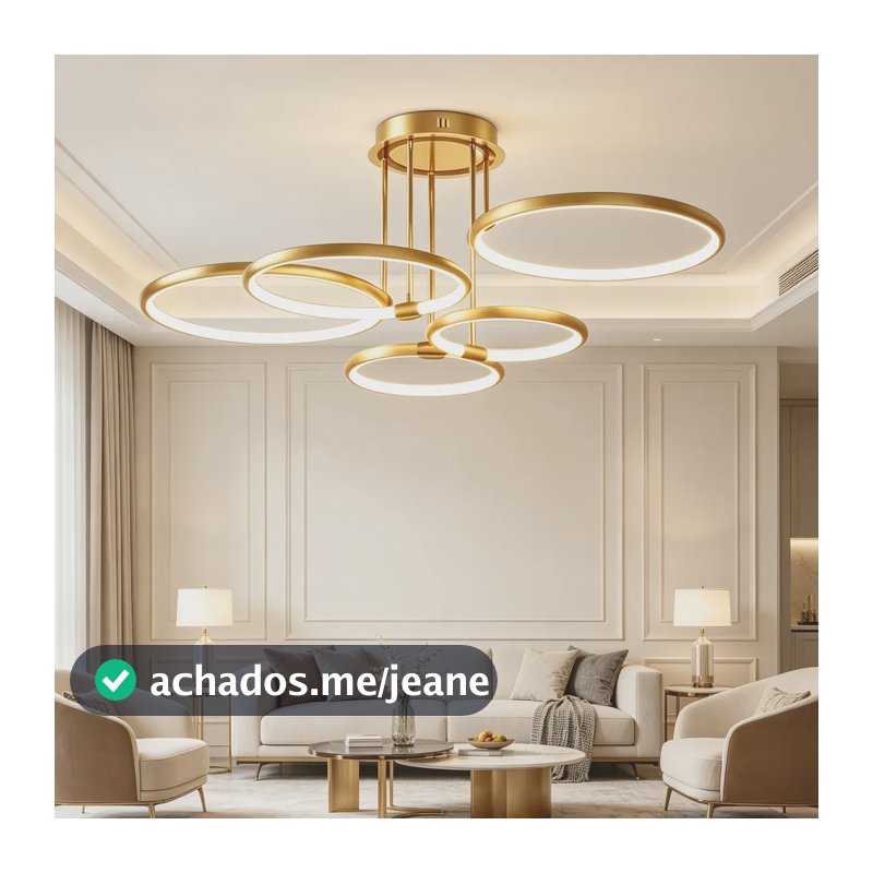 Luminária De Teto Led Plafon Moderno Com Anéis Dourada Sala 127/220v 5 Anéis