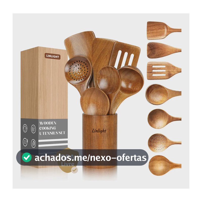 Kit 8 Utensilios Cozinha Escumadeira Madeira Resistentes Ao Calor Com Balde Organizador