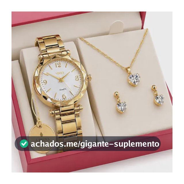 Relógio Feminino Analógico + Colar Brincos Folheado Ouro 18k