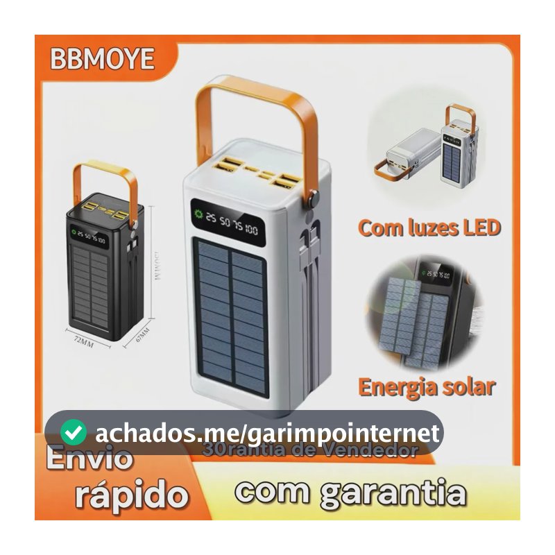 Power Bank Solar 50.000 mAh Carregador Portátil Turbo com Display LED e Lanterna para Viagem e Emergência BBMOYE