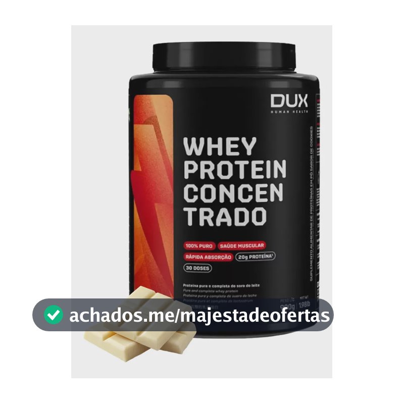 Whey Protein Concentrado Dux Nutrition Pote 900g Sabor Chocolate Branco - 20g de Proteínas Por Dose - 100% Puro - Rápida Absorção - 30 Doses