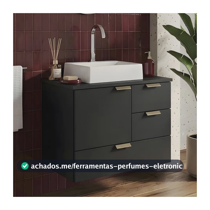 Gabinete Armário P/ Banheiro Balcão Lavabo Suspenso C Cuba Preto Branca Um Furo