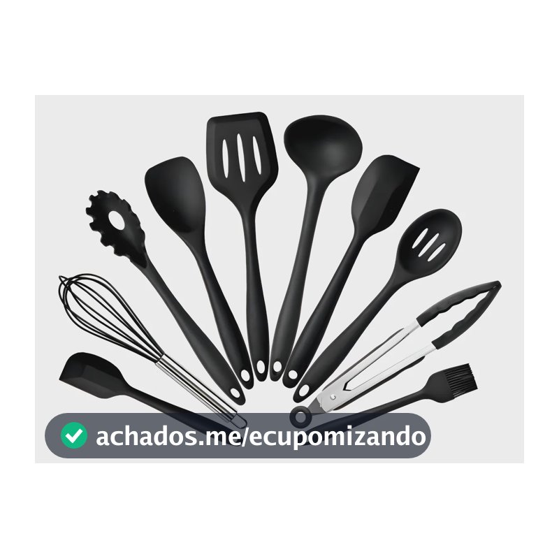 Jogo 10 Colheres de Silicone Cabo Inox Utensílios Cozinha Cor Preto