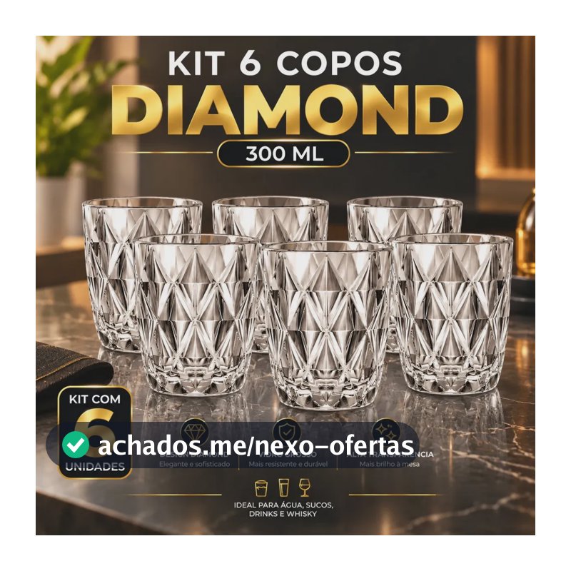 Jogo 6 Copos Diamond Diamante 300ml THOMHOME Vidro Grosso Branco
