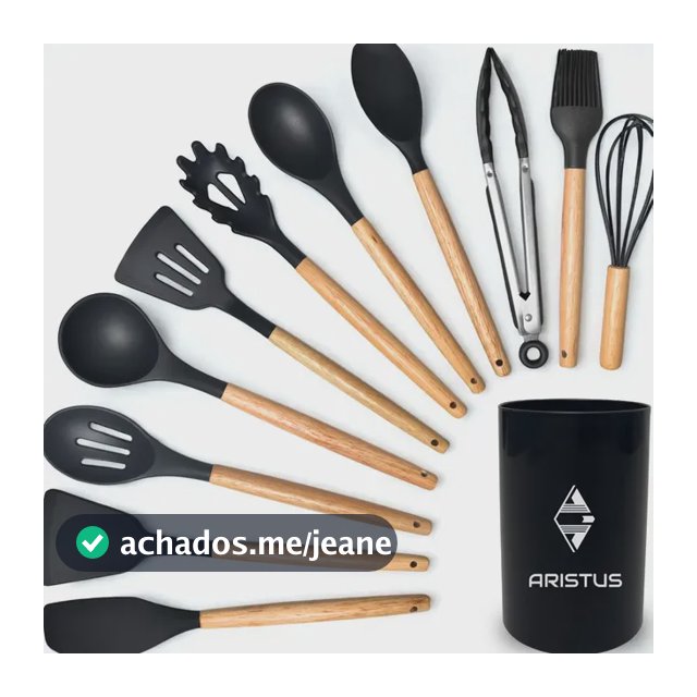Kit 12 Utensílios De Cozinha Em Silicone Premium Com Cabo De Madeira Marca Aristus Resistentes Ao Calor Até 220°c, Antiaderentes, Duráveis E Modernos Cor Preto