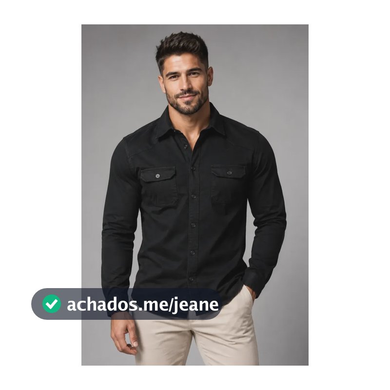 Camisa Jeans Social Masculina Slim Manga Longa Preto 46