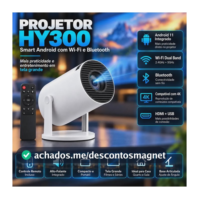 Projetor Portátil HY300 Mini 4K Compatível Android 11 Wi-Fi 5G Bluetooth Smart Portátil Rotação 180° Tela Grande para Filmes Séries Jogos Aulas e Apresentações Home Theater Cinema