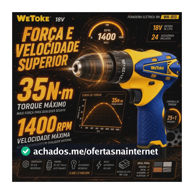 Furadeira Parafusadeira Profissional Sem Fio 2 Baterias 10mm 1400rpm Kit Com 24 Peças WeToke