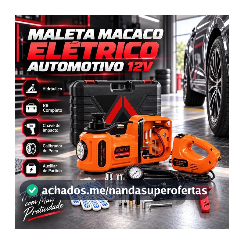 Kit Macaco Hidráulico Automotivo Elétrico 12V Troca Pneu Calibrador E Auxiliar Partida Completo