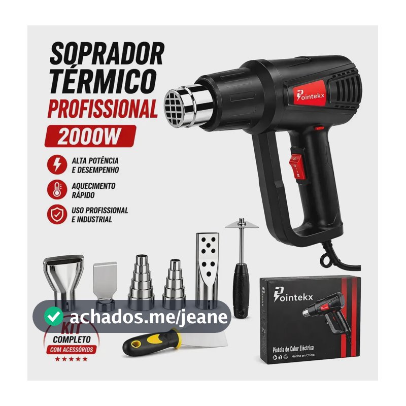 Soprador Térmico 2000W Profissional Pistola Ar Quente 2 Níveis 60 a 600°C Controle de Temperatura Com Bicos e Acessórios