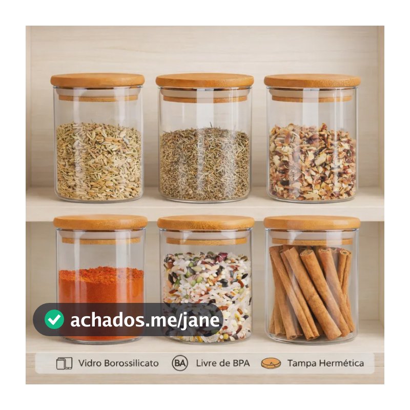 Kit 6 Potes De Vidro Herméticos Com Tampa De Bambu De 200ml Para Mantimentos Alimentos Grãos Café Massas Cereais Cozinha Com Vedação Hermética Vidro Borossilicato Livre Bpa Transparente