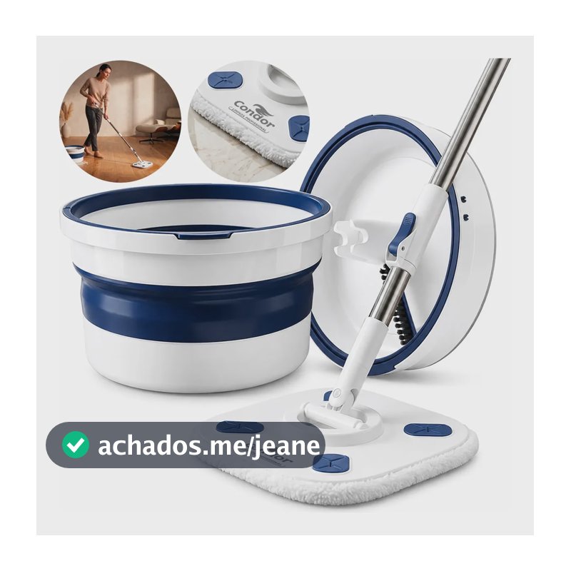 Mop Profissional Cabo Longo Inox Balde 11 Litros Microfibra Branco E Azul