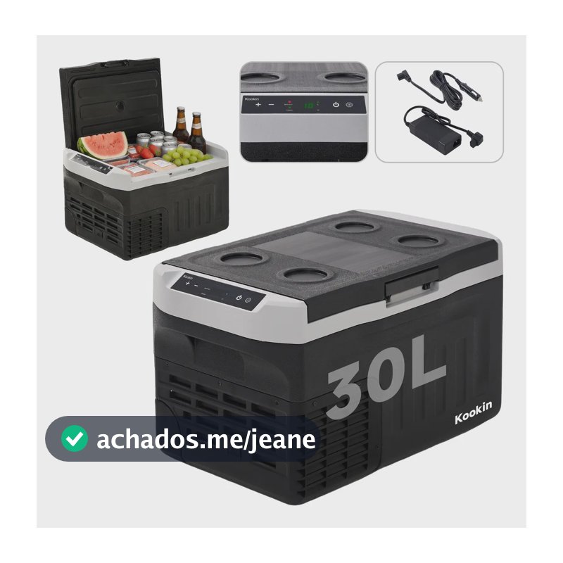 Geladeira Automotiva Portátil 30L Kookin Compressor 12V/24V 110V/220V Freezer -20°C Carro Caminhão Motorhome Com Adaptador