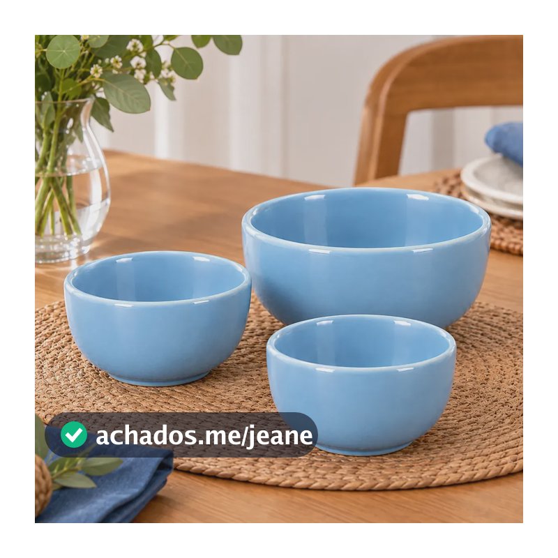 Jogo 3 Bowls Cerâmica Tigela 2 Pequenos 190ml + 1 Médio 390m Azul-claro
