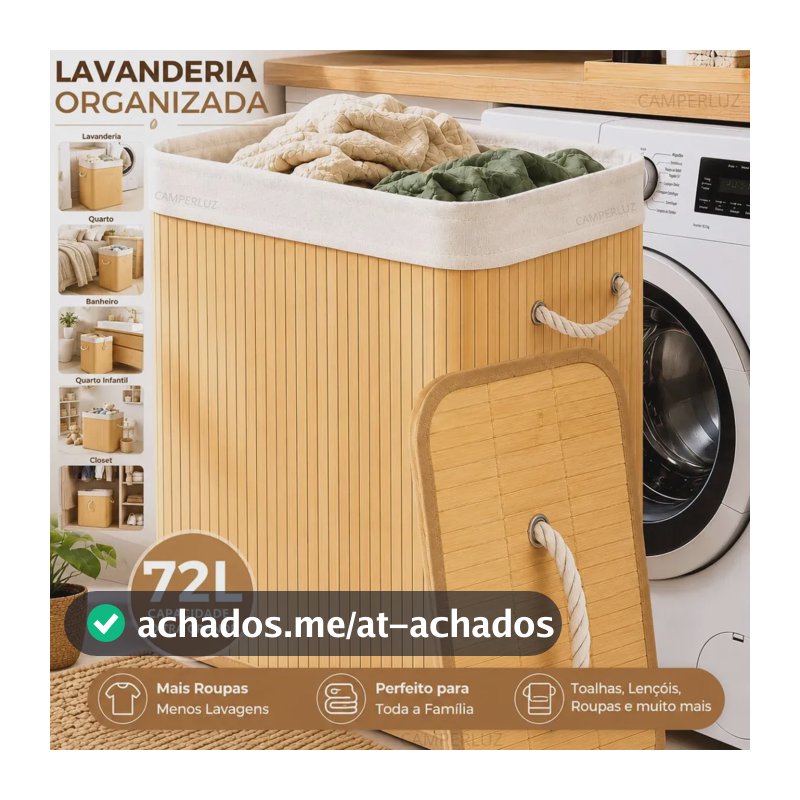 Cesto para Roupa de Bambu Dobrável Retangular Com Tampa e Alças – Macater