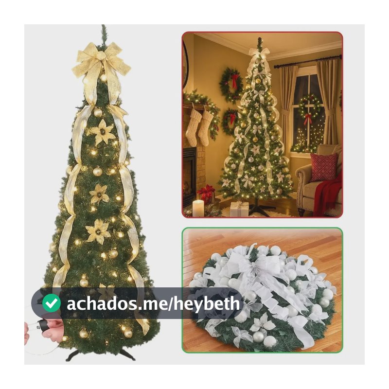 Natal Árvore Luxo Retrátil Montagem Rápida com Enfeites Laços Bolas Pisca-Pisca Verde 180cm Altura Cheia Grande Premium Branca ou Vermelha Enfeitada Decorada
