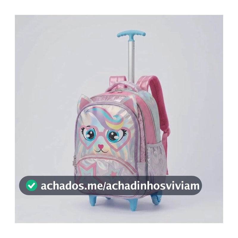 Mochila Rodinha Gatinho Holográfico Infantil Meninas Escolar