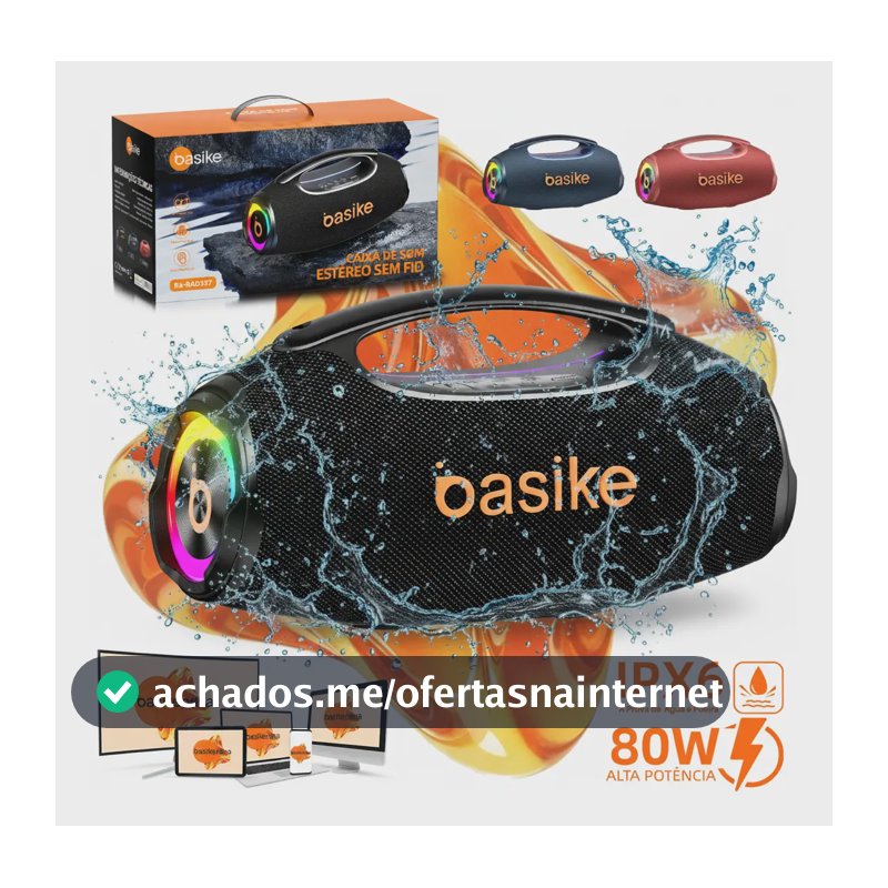 Basike Caixa de Som Boombox Plus 80W 8000Mah Portátil Bluetooth 5.3 Sem fio IPX6 À Prova D'água Com Luz RGB Hifi TWS Bass Forte Amplificada Alto falante Bombox TV Festa Casa Soundbox Subwoofer RAD337