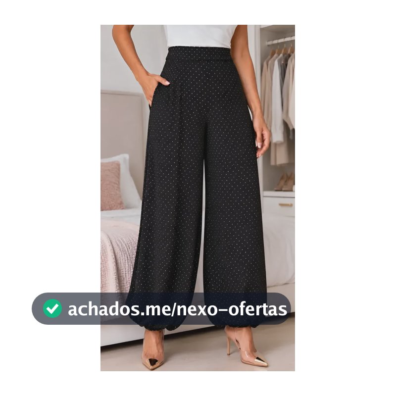 Calça Feminina Aladim Em Poá Poás Cós Alto Bolso Lateral Preto Poás Poás Branco Pp