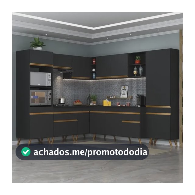 Armário Cozinha Completa De Canto Veneza Multimóveis V2047 Cor Preto/Dourado