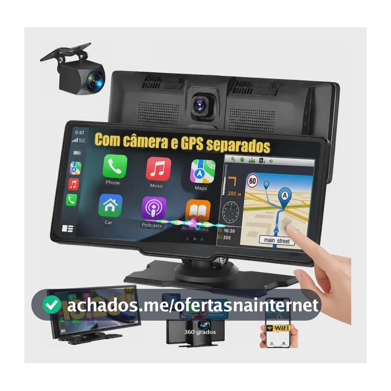 Central Multimídia Portátil 10,26" Carro com CarPlay/Android Auto Sem Fio, Dashcam 4K + Ré 1080P, GPS e Saída de Áudio FM/AUX