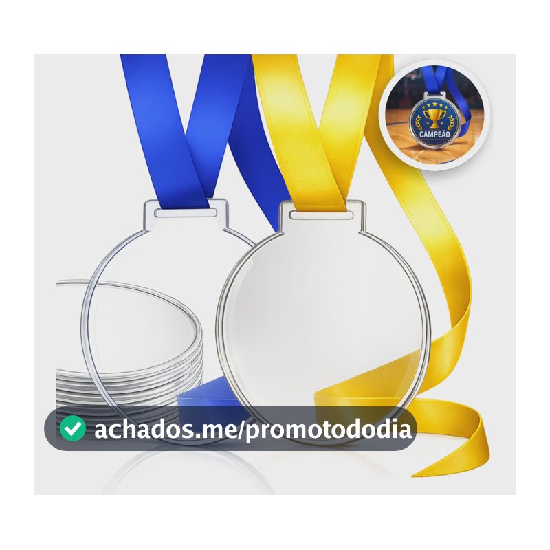 Kit 100 Medalhas Acrílico Transparente 7cm Com Fita Azul e Amarela