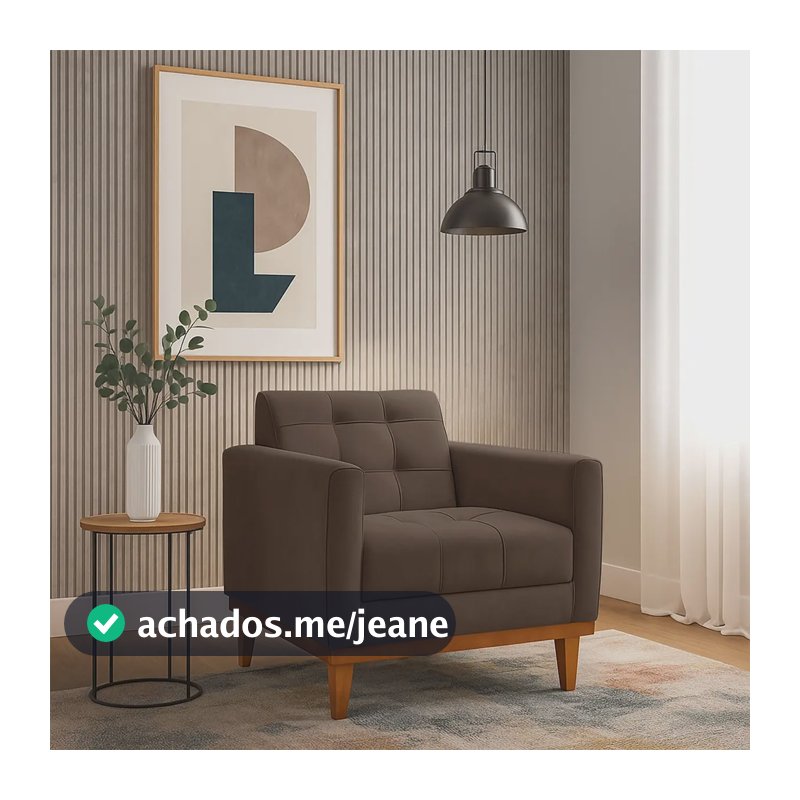Poltrona Decorativa Estofada Sala Assunção Tecido Veludo Marrom Liso