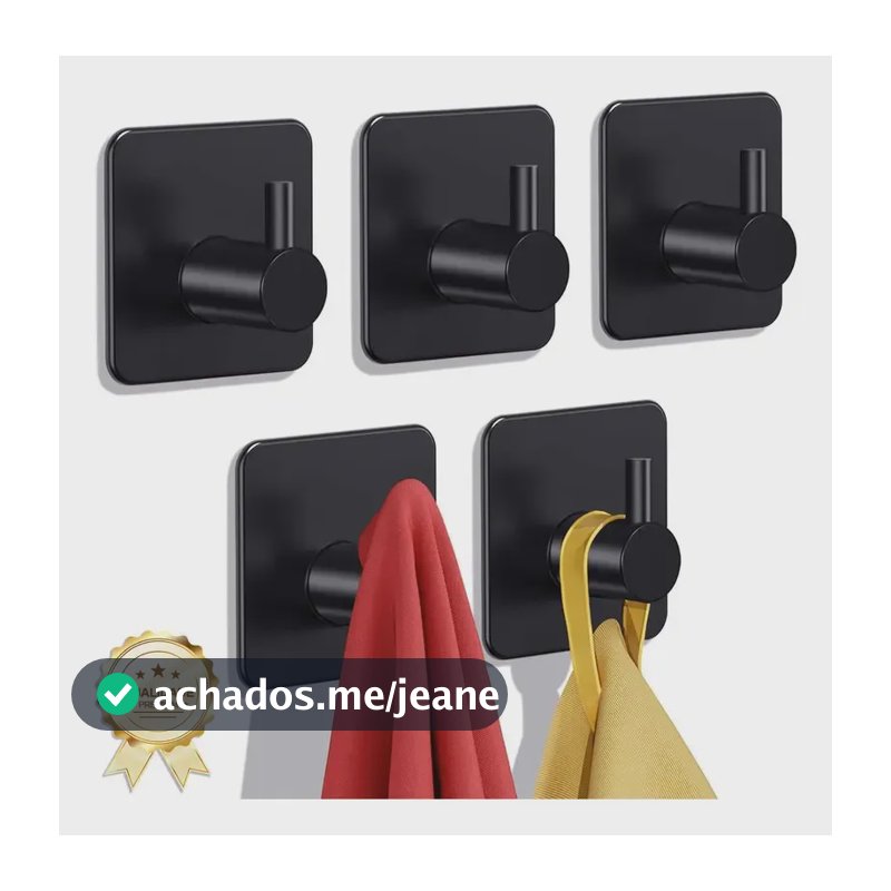 Kit 5 Ganchos Adesivos em Inox 304 Preto para Banheiro e Cozinha