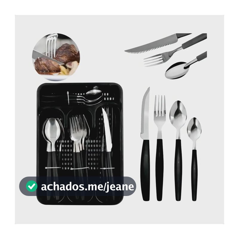 Conjunto faqueiro 25 Peças Porta Talher Jogo De Talheres Preto
