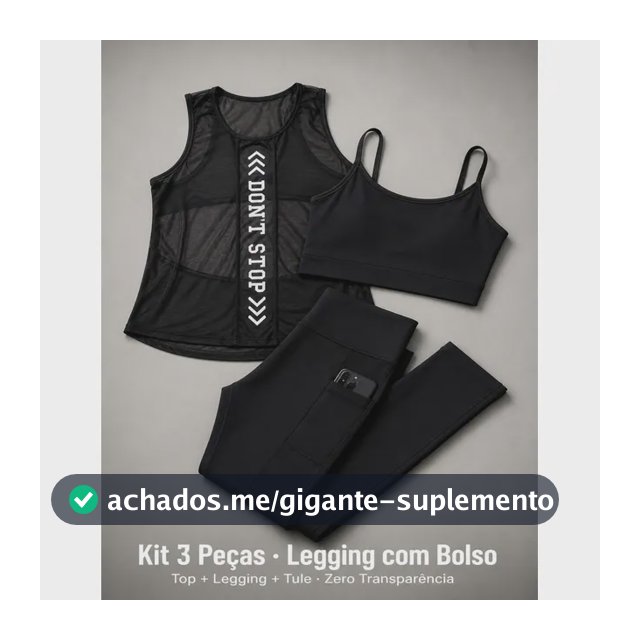 Kit 3 Peças Fitness Legging Top Tule Suplex Preto Regata Liso G