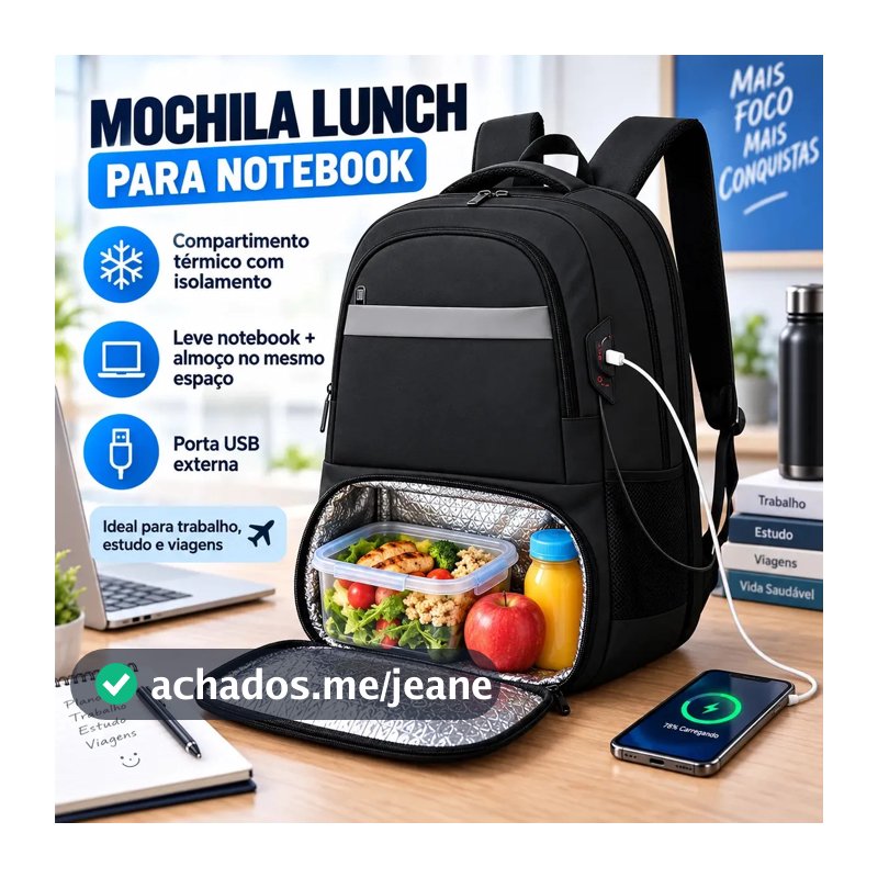 Mochila para Notebook 17.3" Impermeável Térmica Grande Capacidade com USB, Compartimento para Lancheira, Mochila Executiva para Trabalho, Viagem, Escola, Camping, Uso Diário, Masculina Feminina Preta