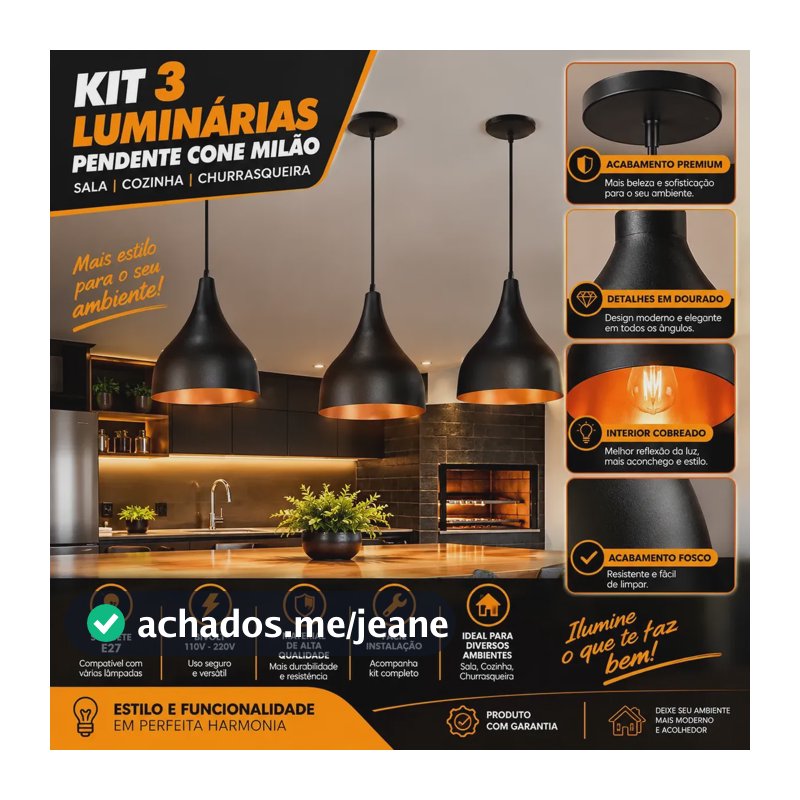 3 Luminárias Pendentes Cone Milão Sala Cozinha Churrasqueira 127/220v Preto/cobre