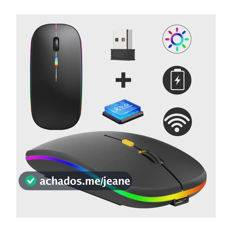 Mouse Sem Fio Recarregável Ergonômico Led Rgb Notebook PC Tablet Cor Preto