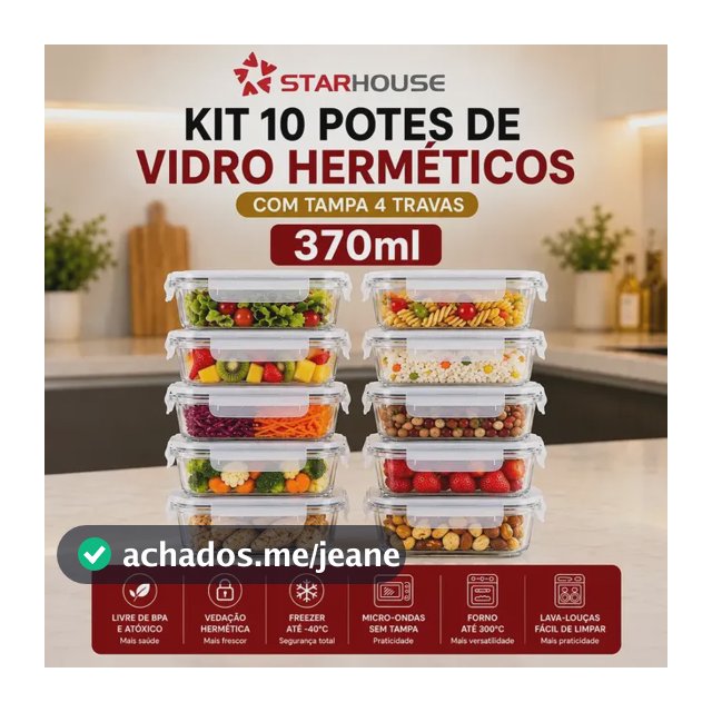 Kit 10 Potes Herméticos Vidro 370ml Starhouse Marmita Forno Micro-ondas Airfryer com 4 travas de super vedação