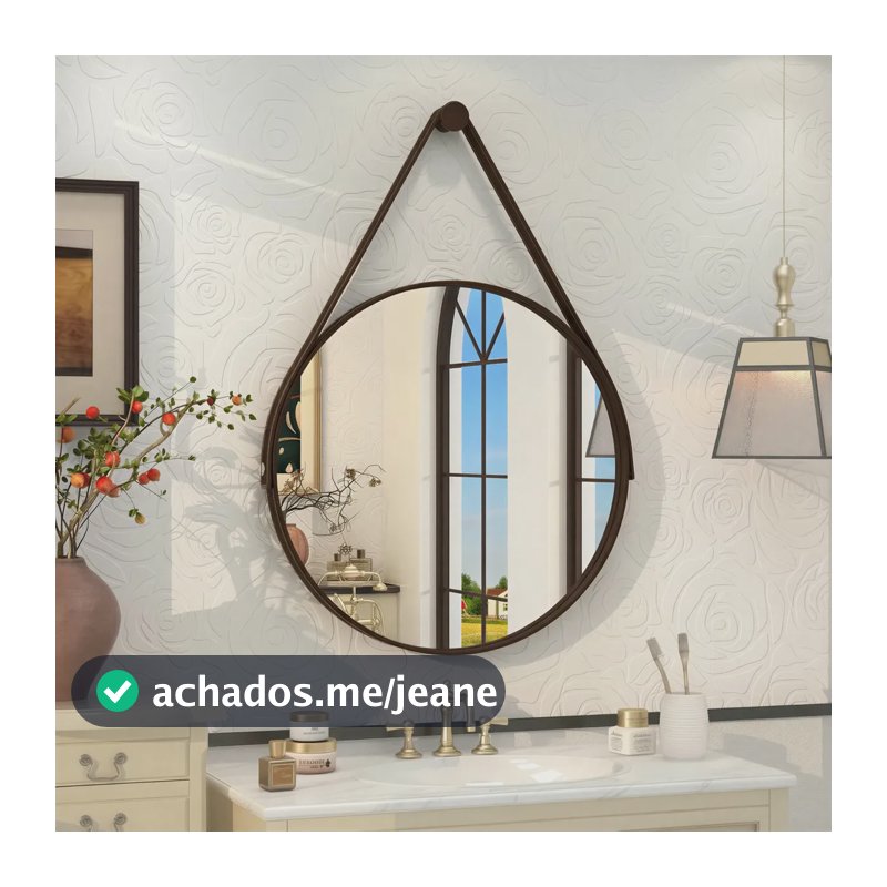 Espelho Redondo 60cm Adnet Alça de Couro Marrom Café Dupla Costura e Suporte em Alumínio Quarto, Banheiro, Sala MF901