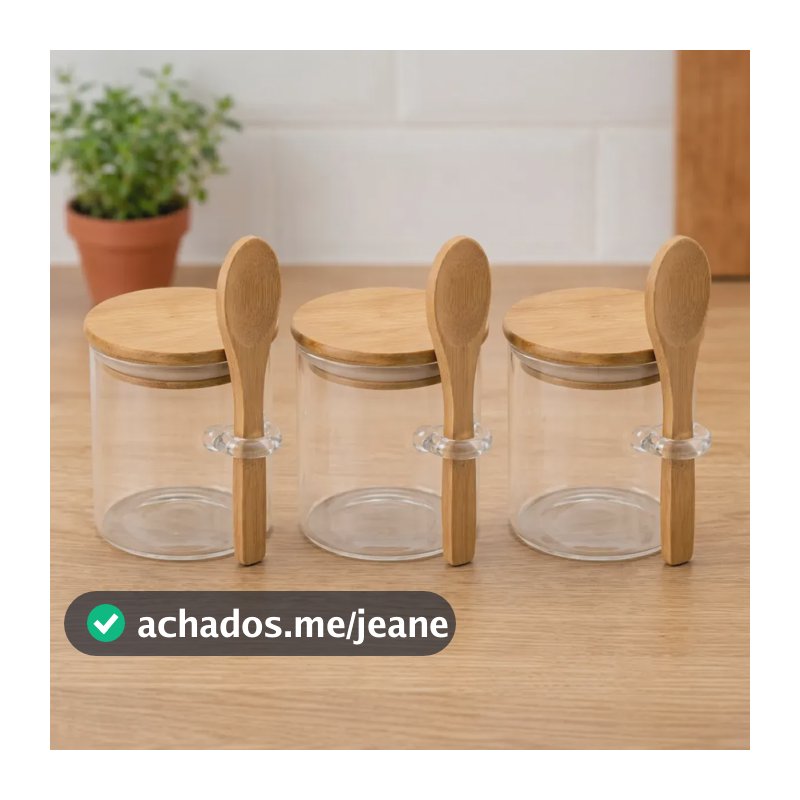 Kit 3 Potes Vidro Herméticos Tampa Bambu Colher Transparente