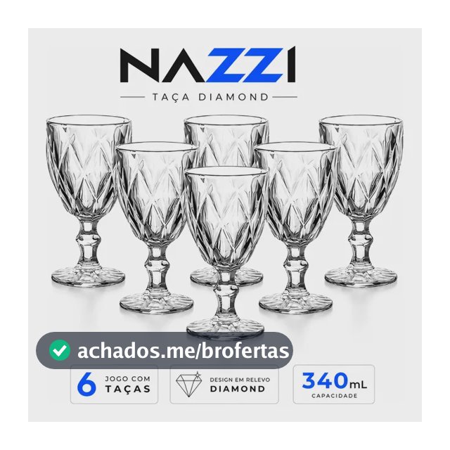 Jogo Kit 6 Taças De Vidro 340ml Diamond Luxo Moderno Transparente