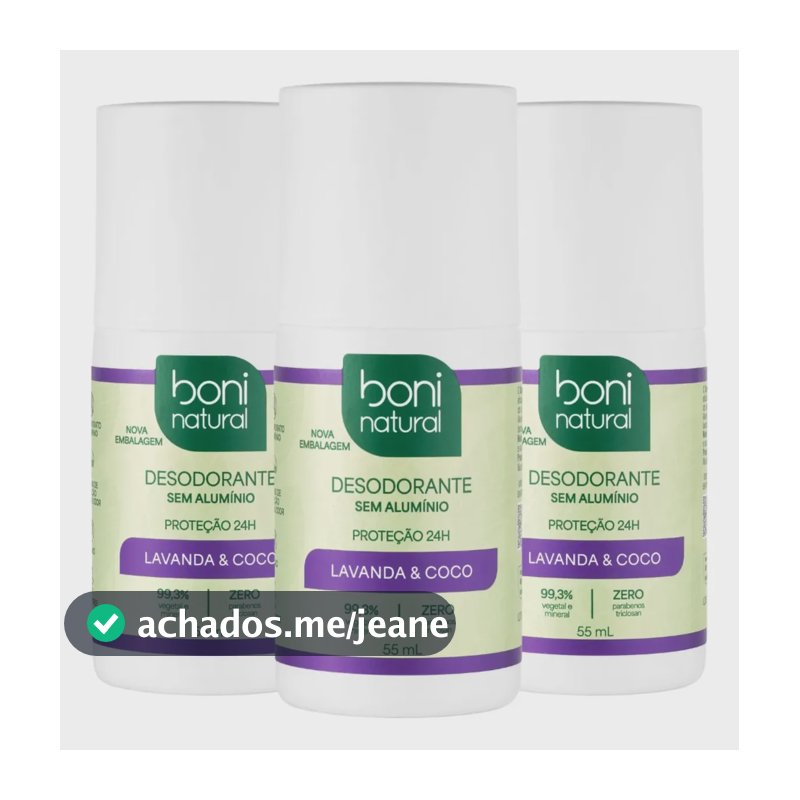 Kit 3 Desodorantes Roll-On Vegano Lavanda 55ml Boni Natural Coco e Magnésio