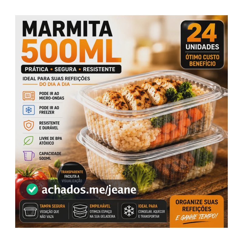 Marmita Embalagem Microondas Freezer Pote 500ml Petalas Douradas C/24und Cor Transparente Descartavel Fitness Congelada