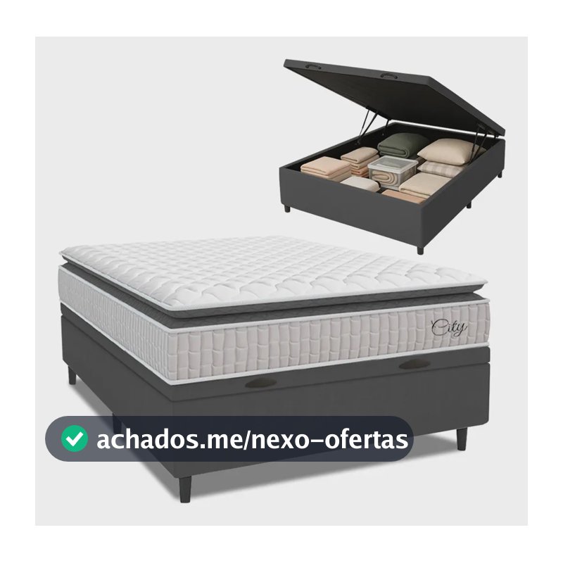 Cama Box Baú Colchão Casal Molas Ensacadas City Pillow Top 138x188x64cm Branco e Cinza Hellen Suporta até 110kg por Pessoa