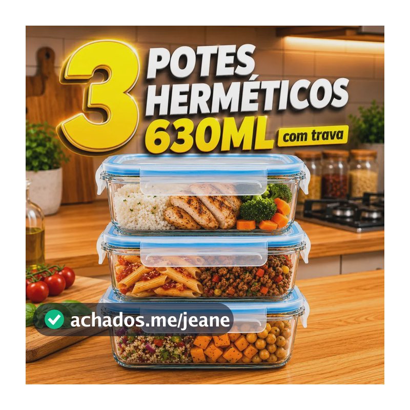 Conjunto 3 Potes 630ml Vidro Hermético C/ Trava Retangular Resistente Quente Frio Marmita Dieta Fitness Refratário