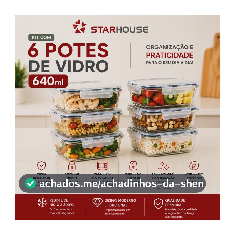 Kit 6 Potes 640ml Vidro Hermético 4 Travas Marmita Refratario Star House com 4 travas de super vedação