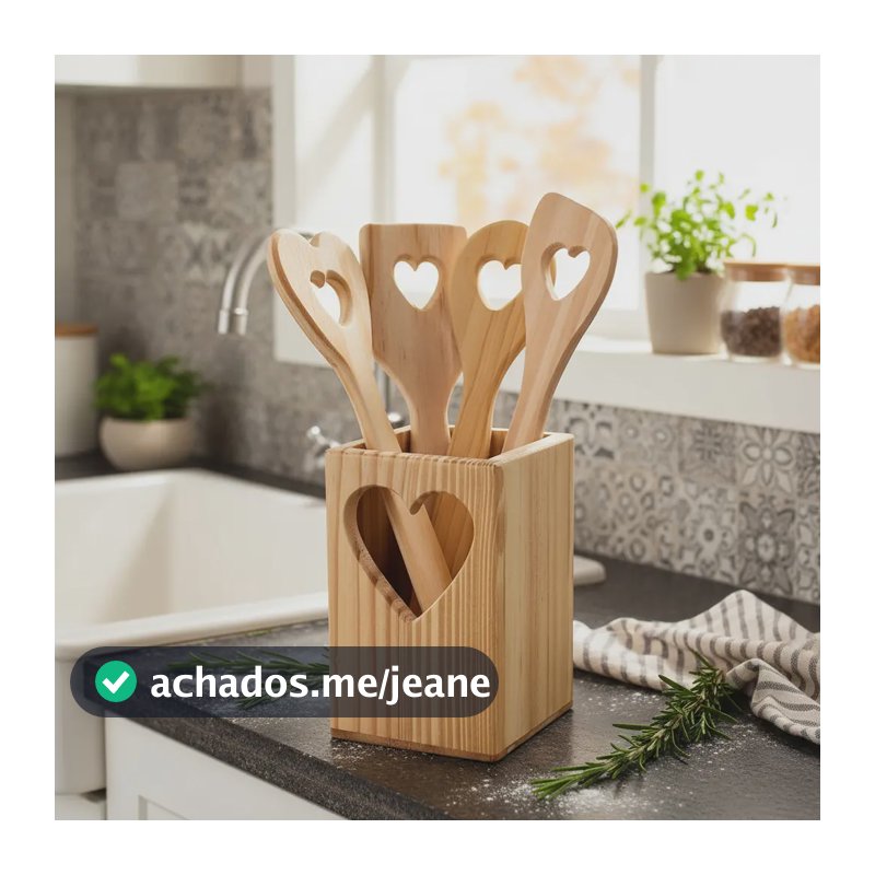 Porta Colher Em Madeira Pinus Com Kit 4 Colheres Decoração