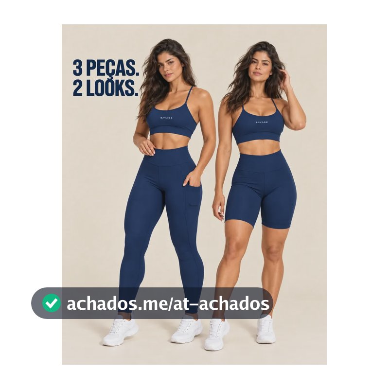 Kit Fitness Feminino: Calça Legging + Top + Shorts Cós Alto Azul-marinho Liso G