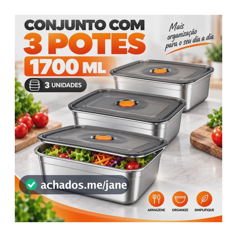 Kit3 Conjunto Hermético Alimentos Inox Com Tampa 1700ml Prateado