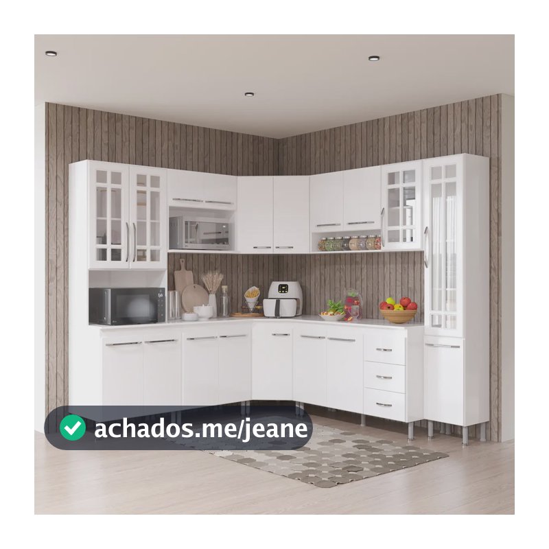 Armário de Cozinha Modulada Completa de Canto Fidelitá Viena 8 Peças 445cm 18 Portas 3 Gavetas Com Tampo Branco