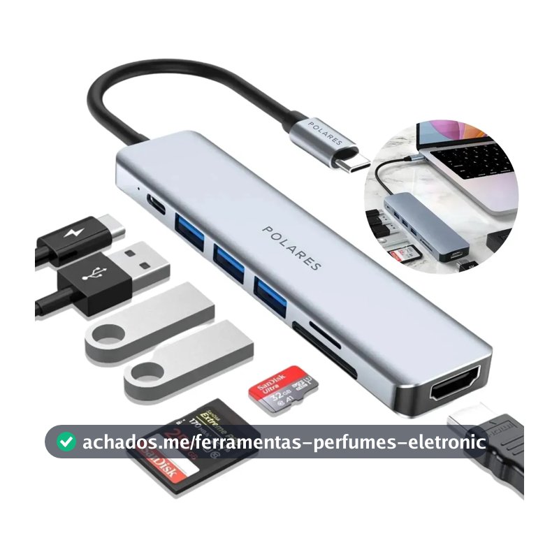 Adaptador Hub Usb-c Compatível Com Macbook Air M1 M2 Dex Hdmi 4k 7 Em 1 Cinza